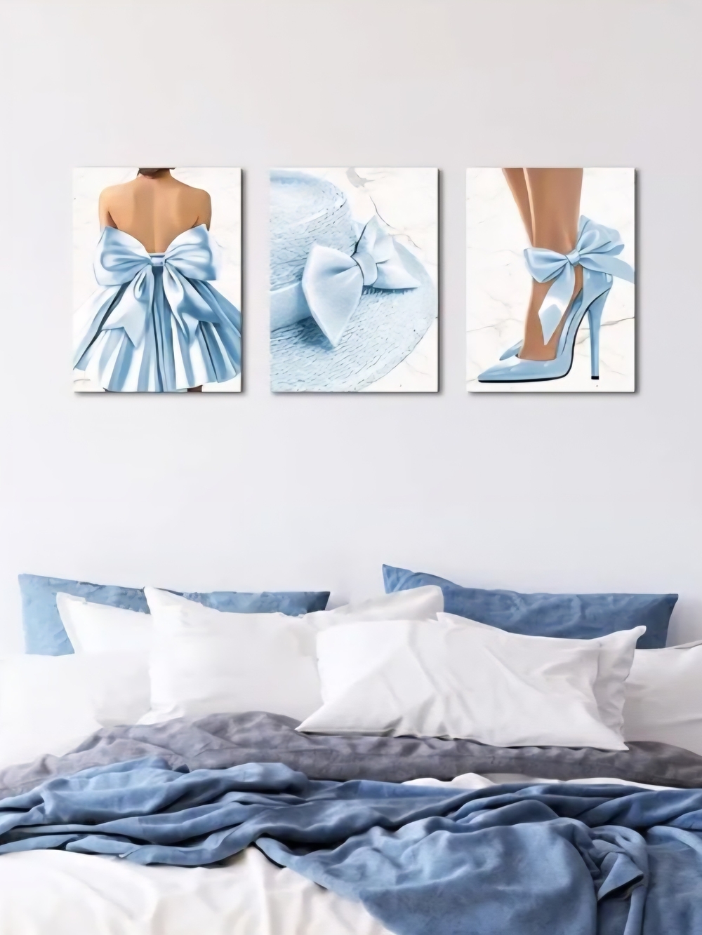 3Pcs Blue Trendy Aesthetic Canvas Wall Art,Fashion High-Heeled Shoe, Bow, Hat